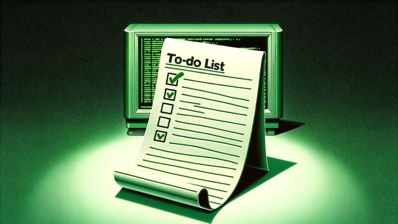 A todo list with a couple of check marks stands in front of a of a monochrome terminal screen.